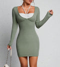 Halter Bralette Layered Ribbed Bodycon Mini Dress - Green