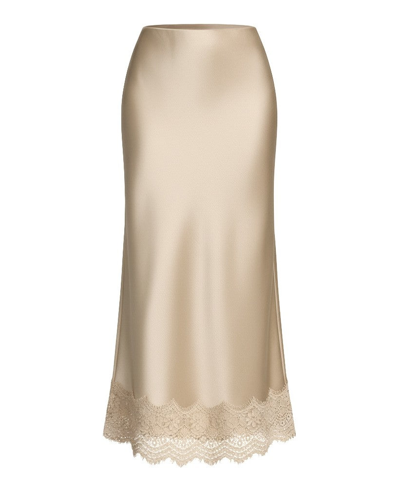 High Waist Satin Maxi Skirt With Scalloped Lace - Beige