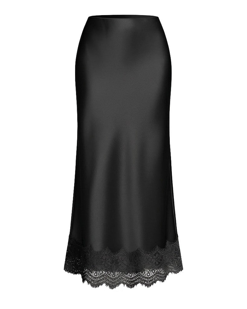 High Waist Satin Maxi Skirt With Scalloped Lace - Black