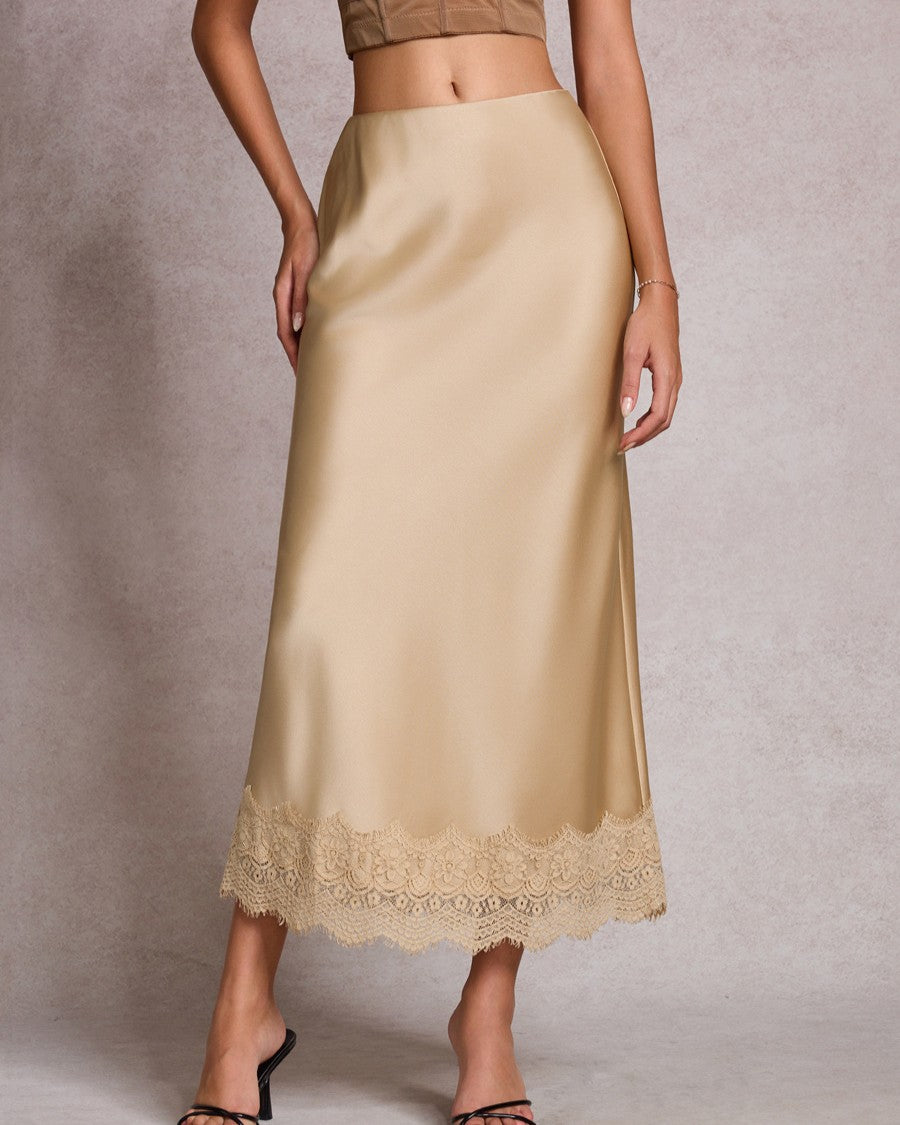 High Waist Satin Maxi Skirt With Scalloped Lace - Champagne
