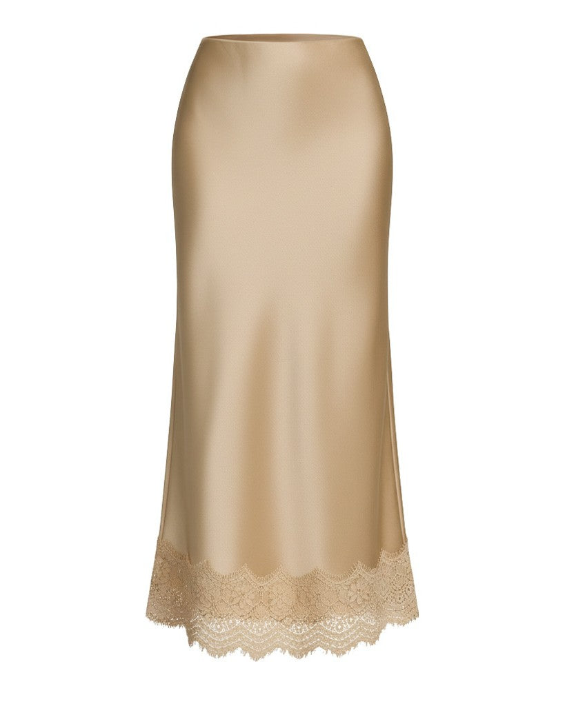 High Waist Satin Maxi Skirt With Scalloped Lace - Champagne - 1