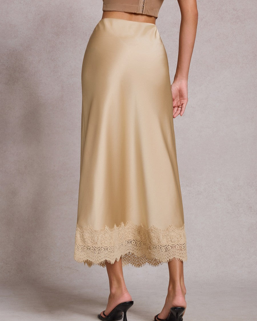 High Waist Satin Maxi Skirt With Scalloped Lace - Champagne - 2
