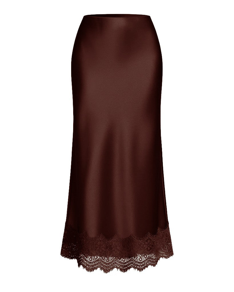 High Waist Satin Maxi Skirt With Scalloped Lace - Chocolate