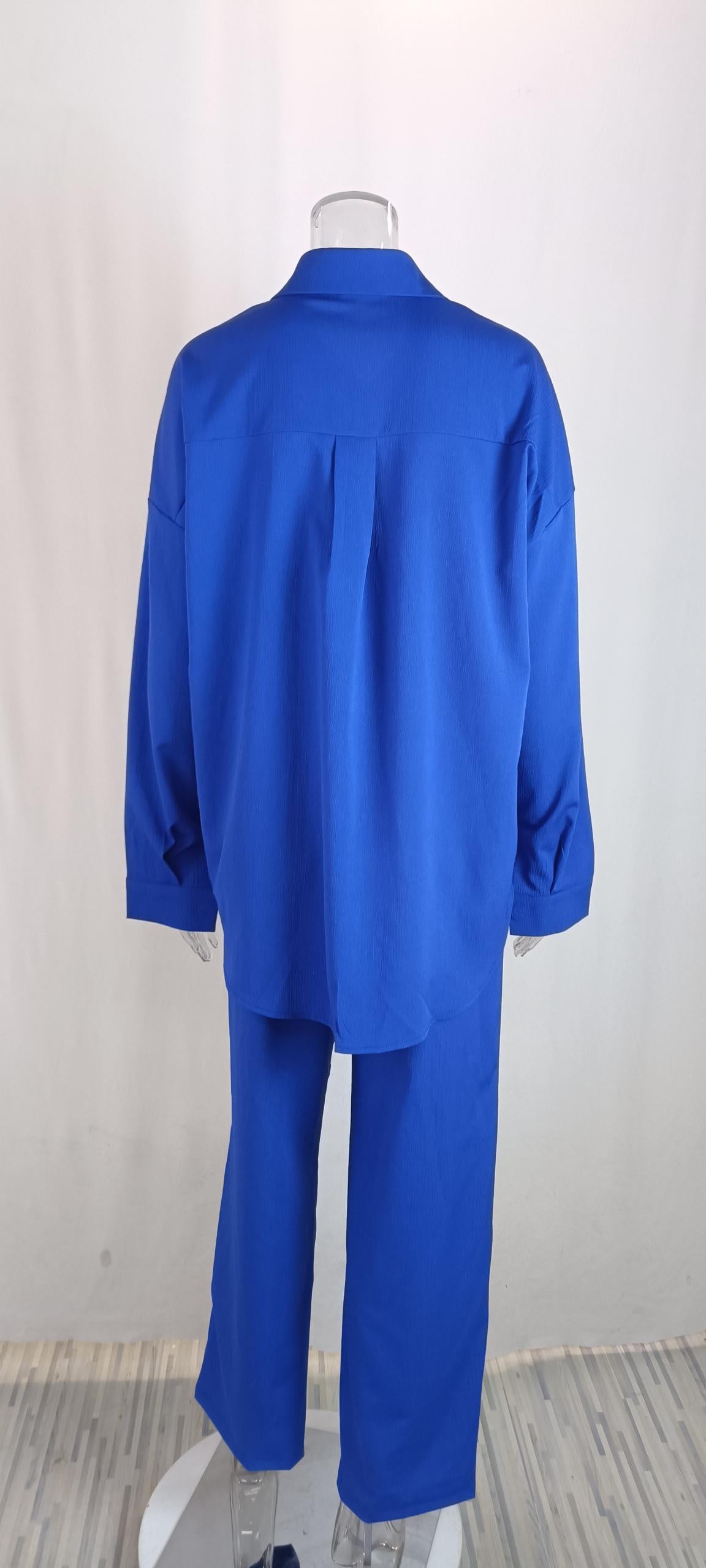 Button Down Shirt and Wide Leg Trouser Set - Blue - 1