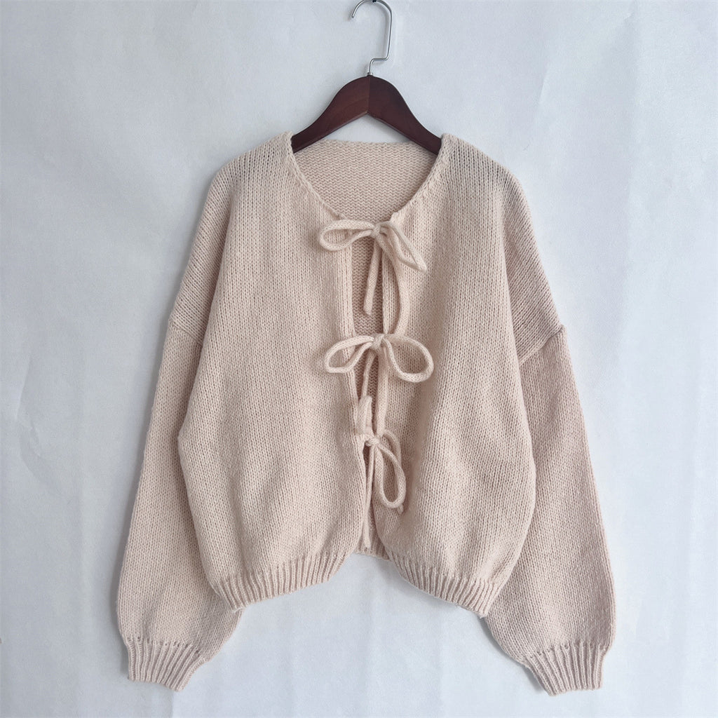 Balloon Sleeve Tie Front Knit Cardigan - Apricot