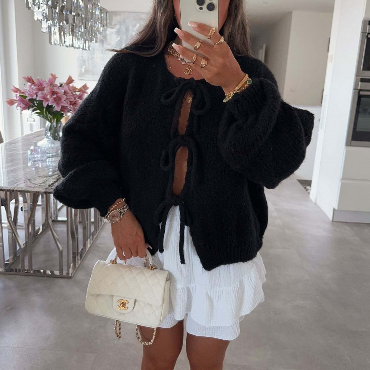 Balloon Sleeve Tie Front Knit Cardigan - Black