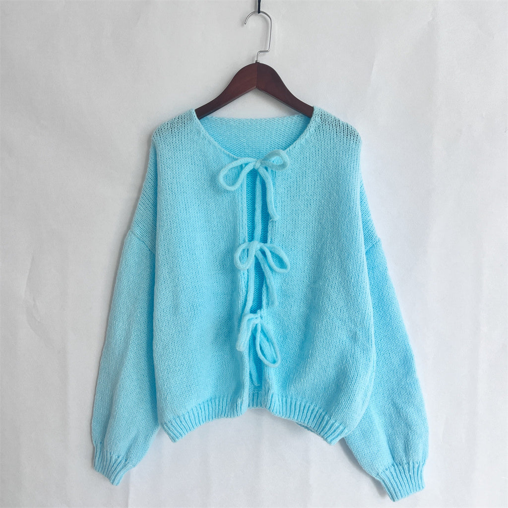 Balloon Sleeve Tie Front Knit Cardigan - Blue