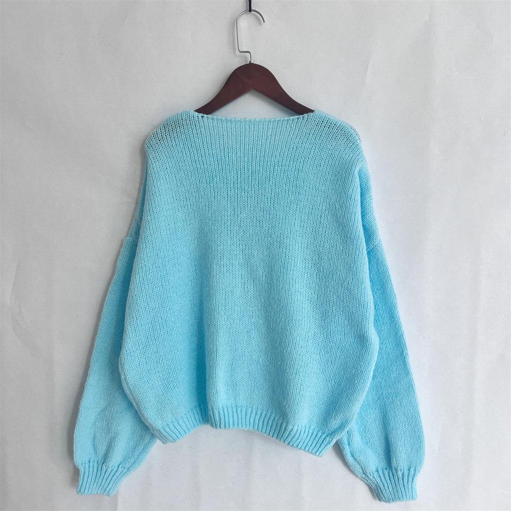 Balloon Sleeve Tie Front Knit Cardigan - Blue - 1