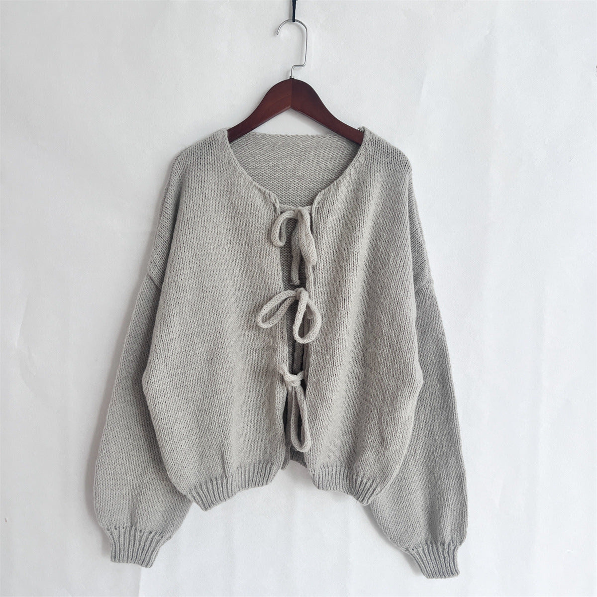 Balloon Sleeve Tie Front Knit Cardigan - Grey