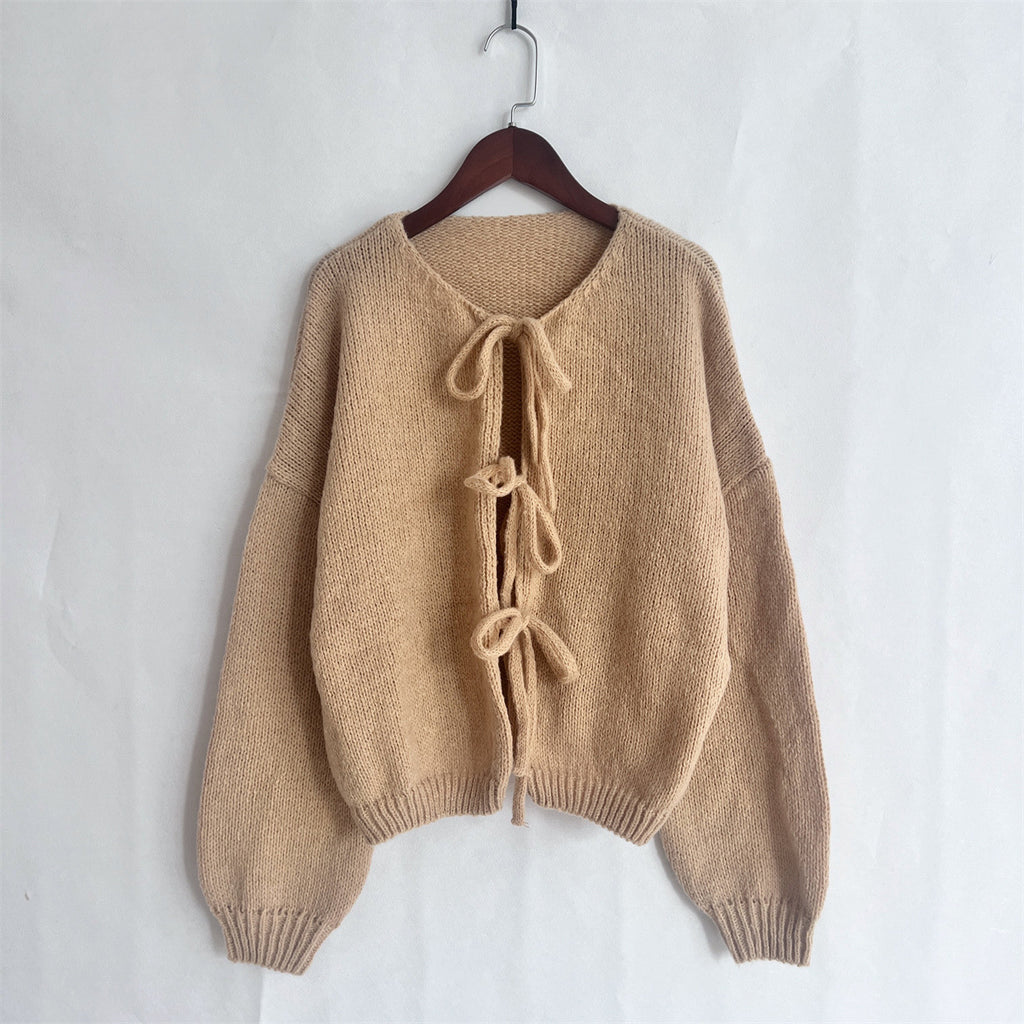 Balloon Sleeve Tie Front Knit Cardigan - Khaki
