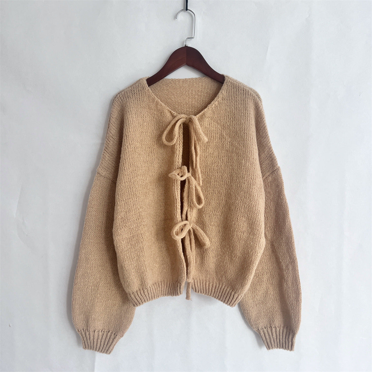Balloon Sleeve Tie Front Knit Cardigan - Khaki