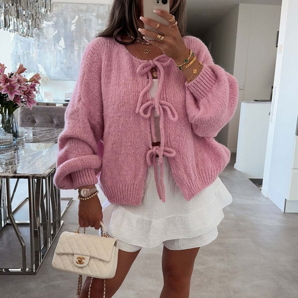 Balloon Sleeve Tie Front Knit Cardigan - Pink