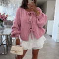 Balloon Sleeve Tie Front Knit Cardigan - Pink