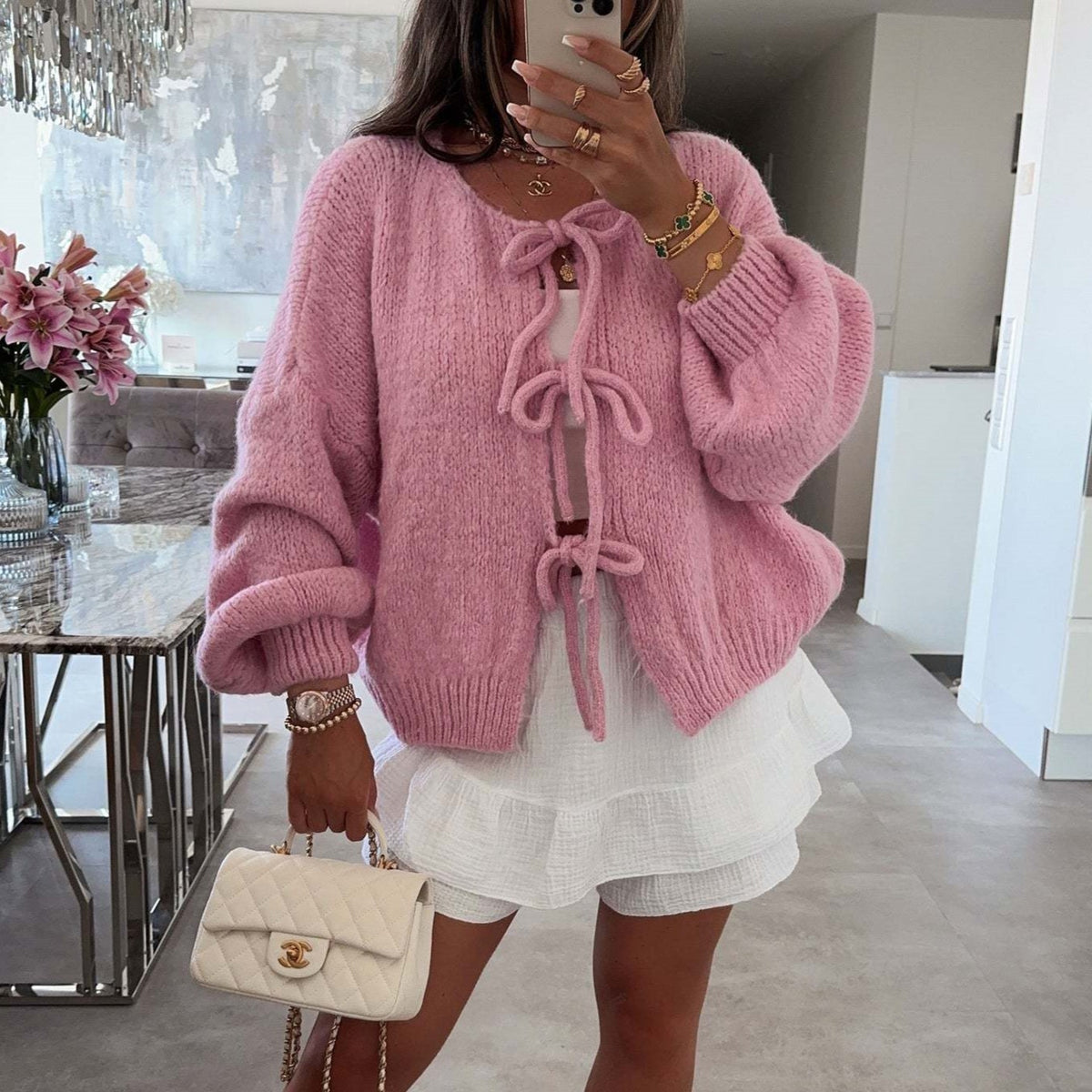Balloon Sleeve Tie Front Knit Cardigan - Pink