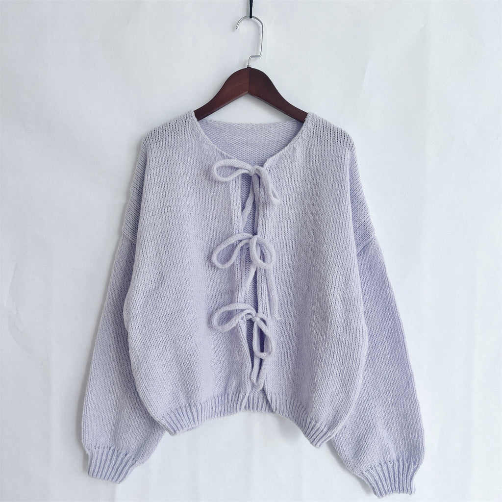 Balloon Sleeve Tie Front Knit Cardigan - Purple