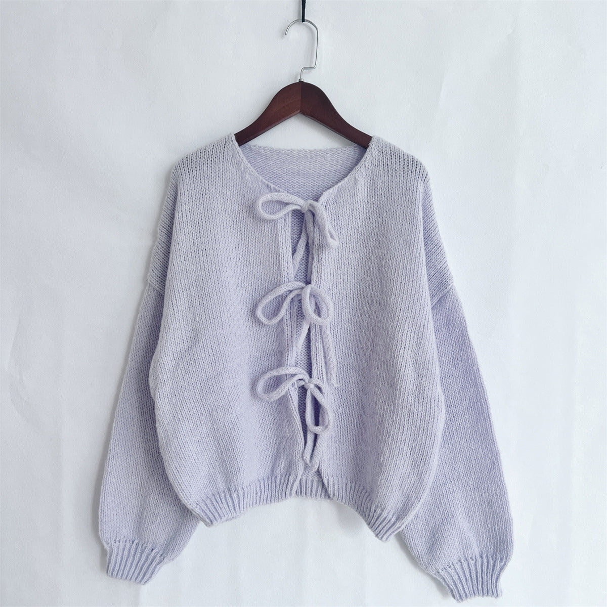 Balloon Sleeve Tie Front Knit Cardigan - Purple