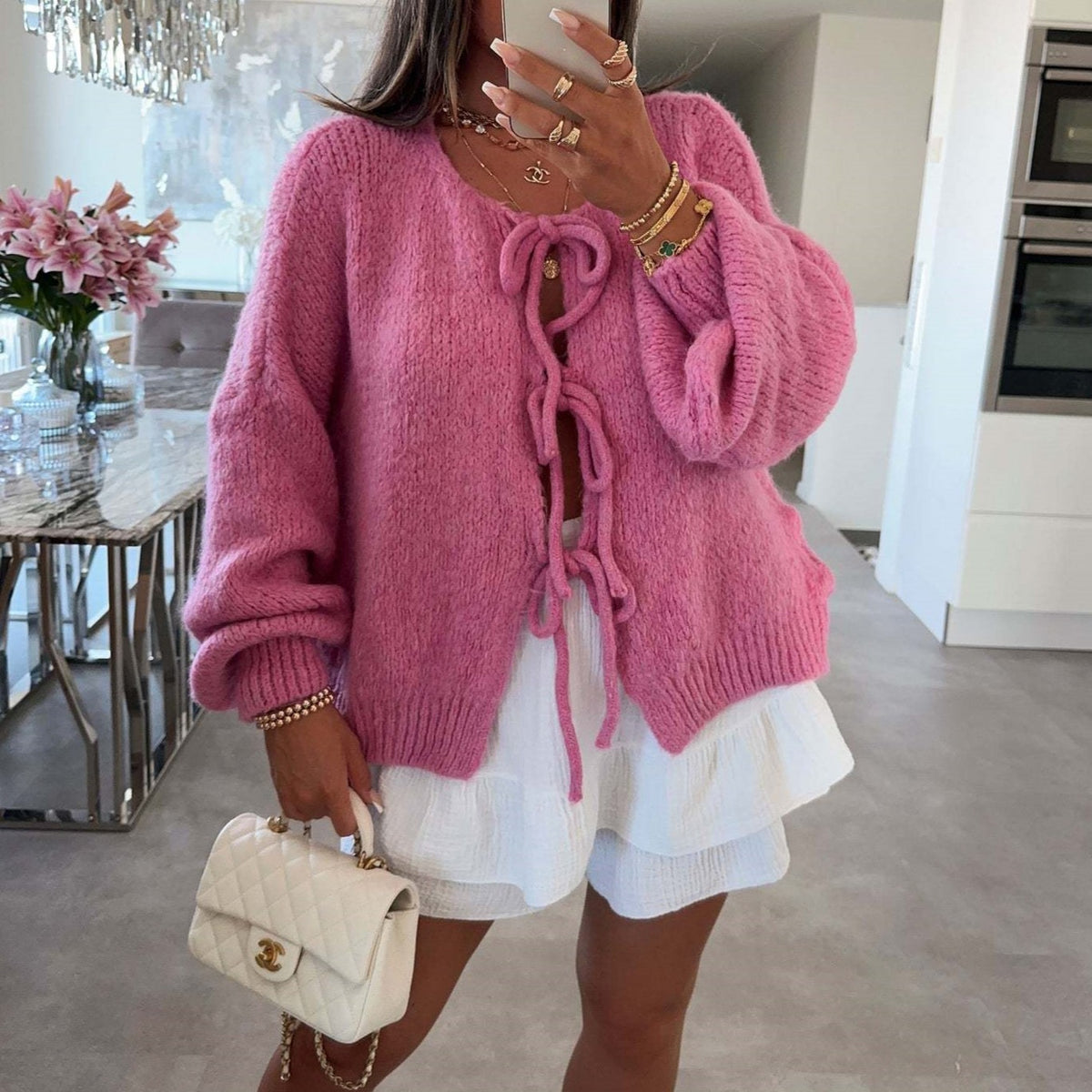 Balloon Sleeve Tie Front Knit Cardigan - Rose