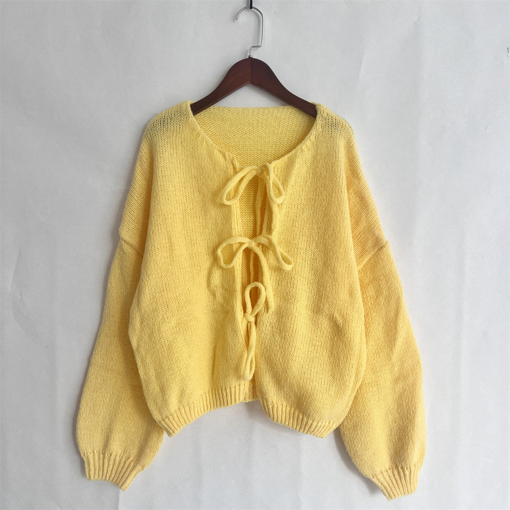 Balloon Sleeve Tie Front Knit Cardigan - Yellow