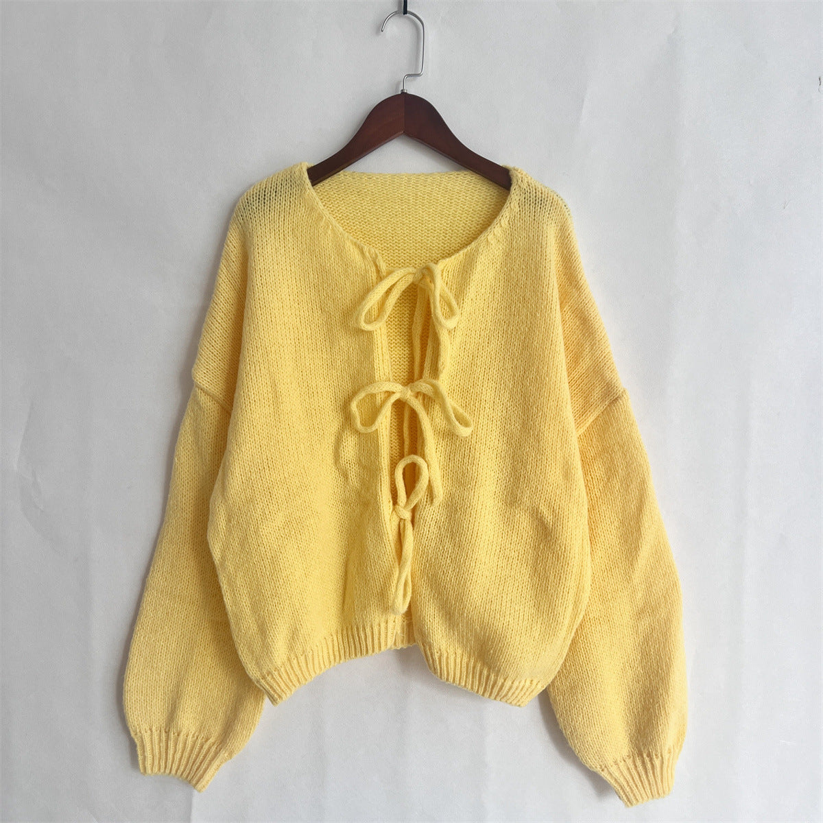Balloon Sleeve Tie Front Knit Cardigan - Yellow