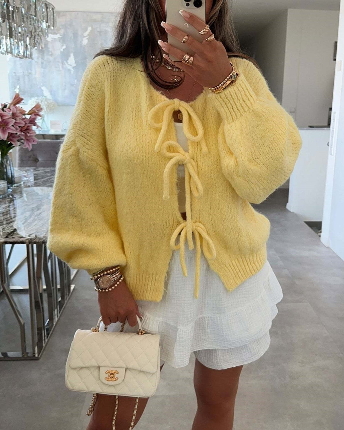 Balloon Sleeve Tie Front Knit Cardigan - Yellow - 2