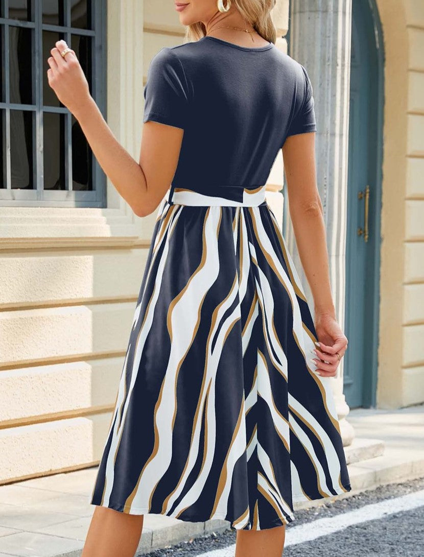 Striped Panel Belted Midi Tee Dress - Navyblue - 2