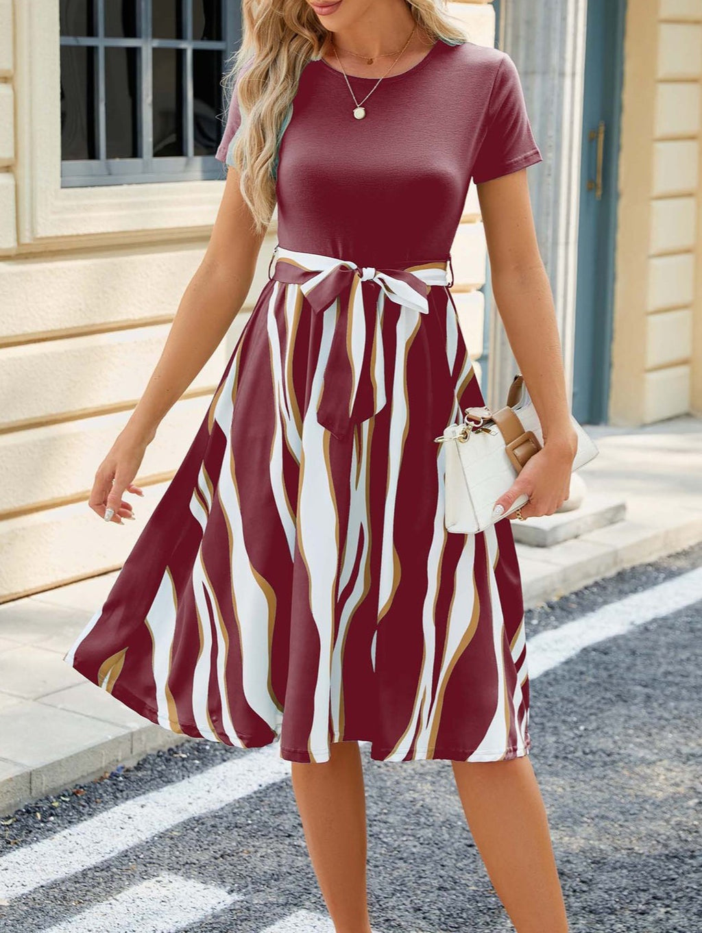 Striped Panel Belted Midi Tee Dress