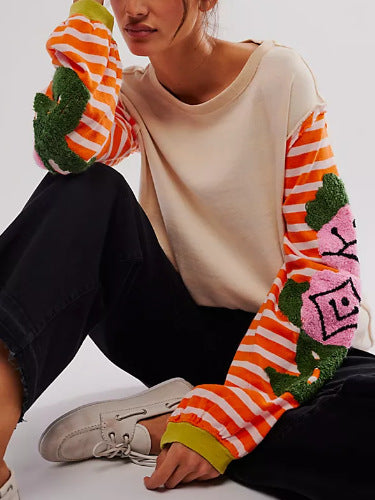 Rose Embroidered Striped Sleeve Pullover Sweatshirt