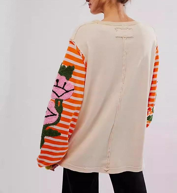Rose Embroidered Striped Sleeve Pullover Sweatshirt - view 1
