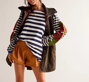 Rose Embroidered Striped Sleeve Pullover Sweatshirt - view 2