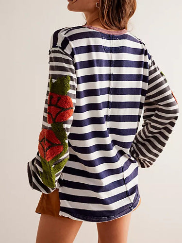 Rose Embroidered Striped Sleeve Pullover Sweatshirt - view 3
