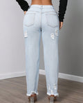 High Waist Distressed Ripped Straight Jeans - Blue