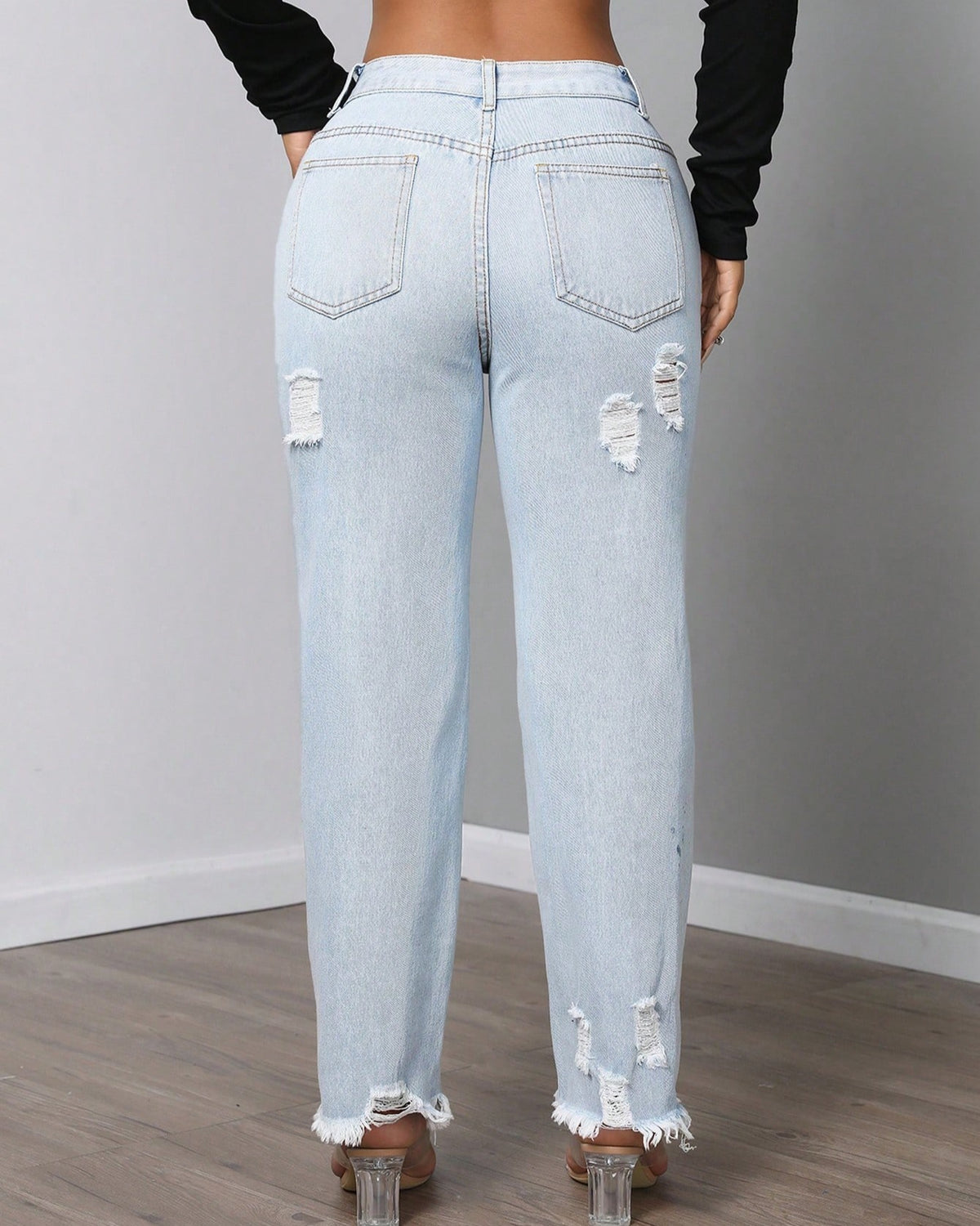 High Waist Distressed Ripped Straight Jeans - Blue