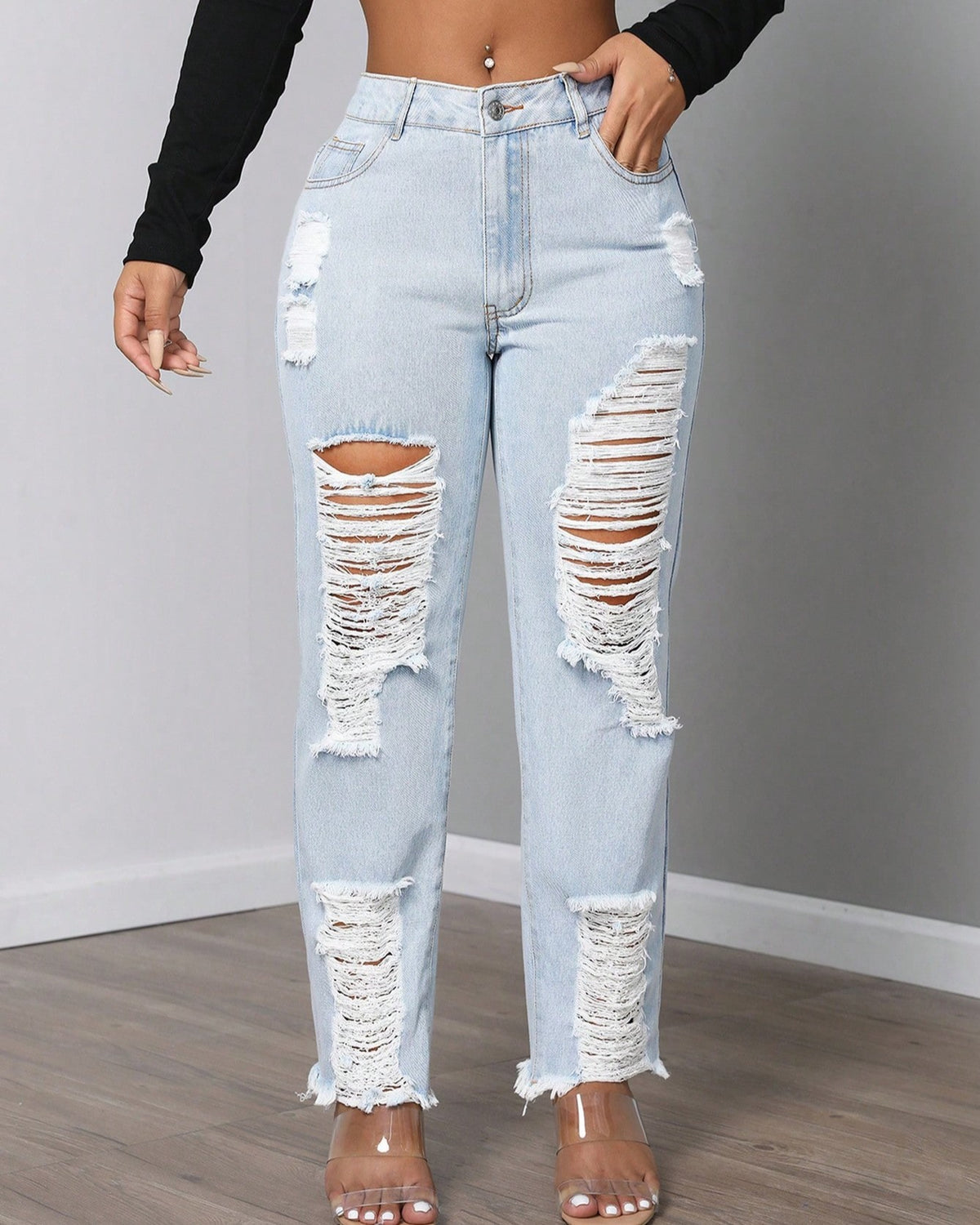 High Waist Distressed Ripped Straight Jeans - Blue - 1