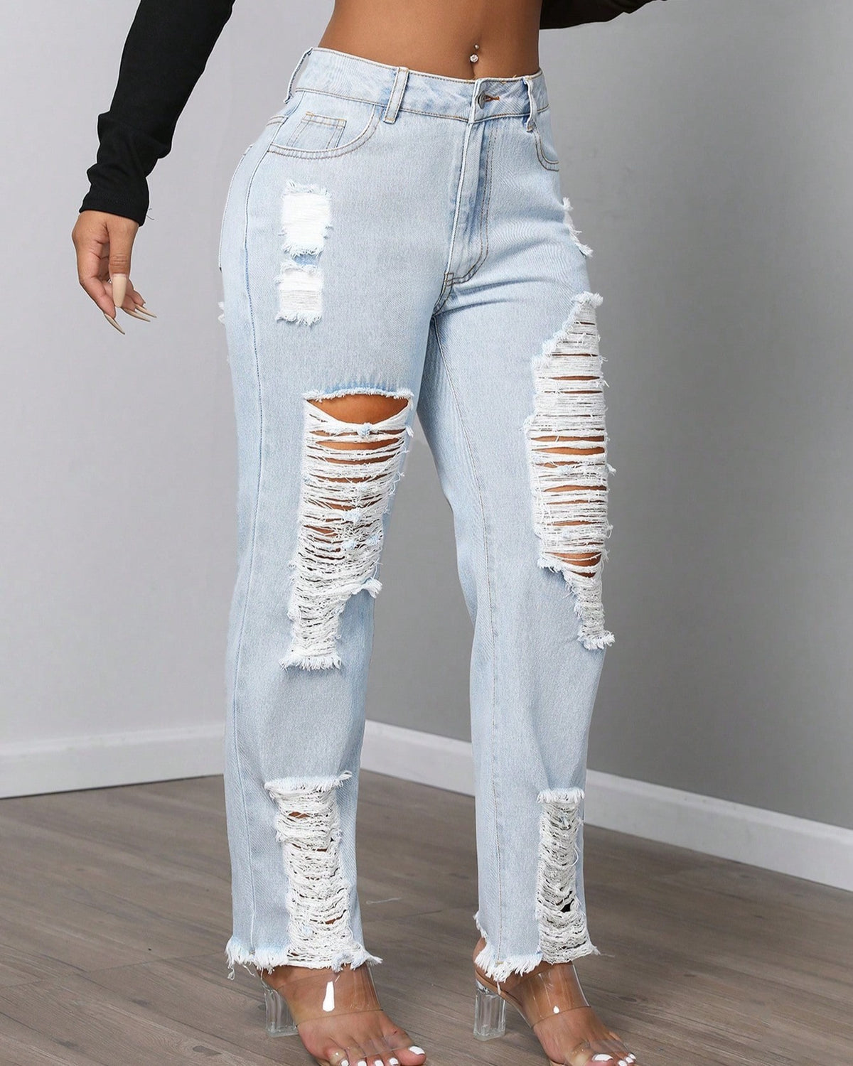High Waist Distressed Ripped Straight Jeans - Blue - 2