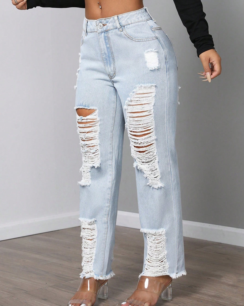 High Waist Distressed Ripped Straight Jeans - Blue - 3