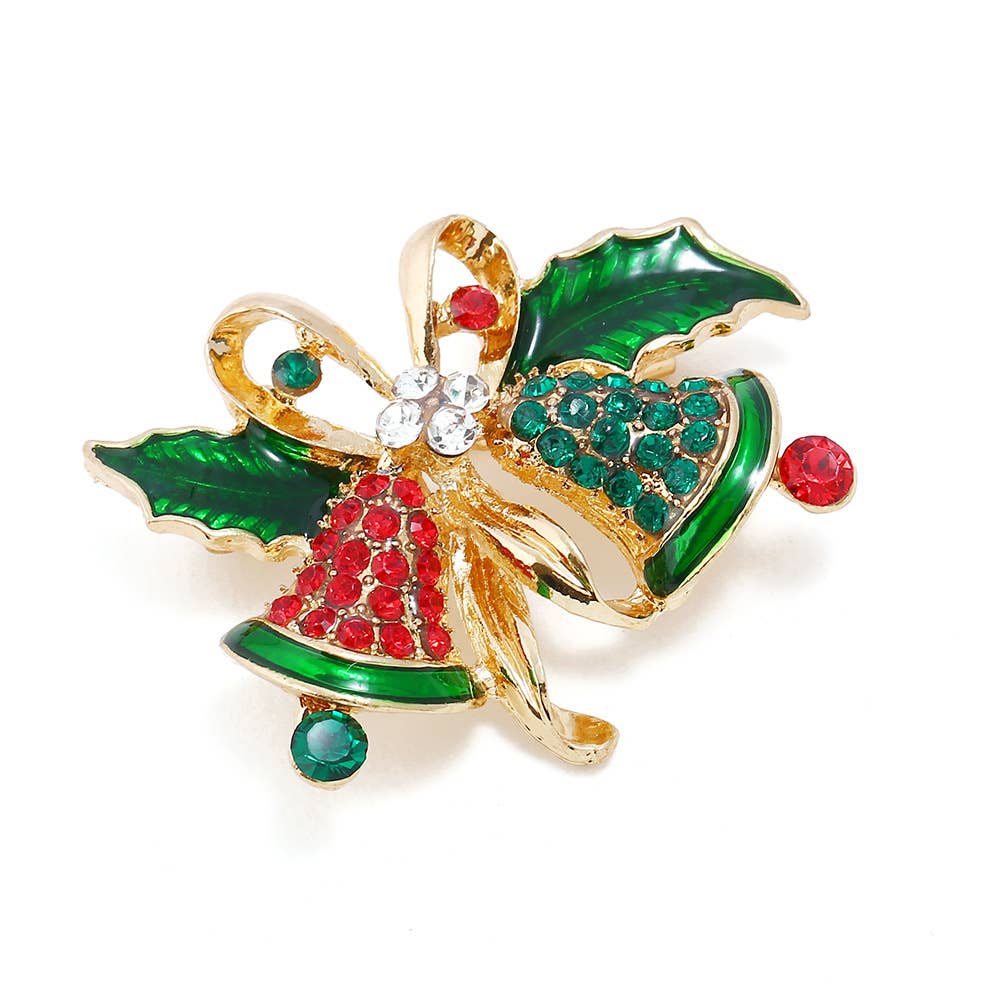Crystal Jingle Bells Holly Brooch