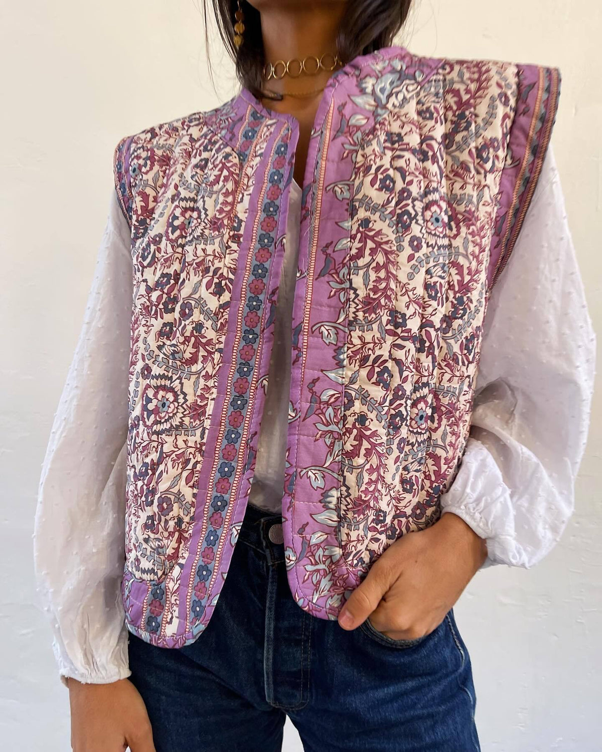 Contrast Trim Quilted Sleeveless Vest - Purple - 1