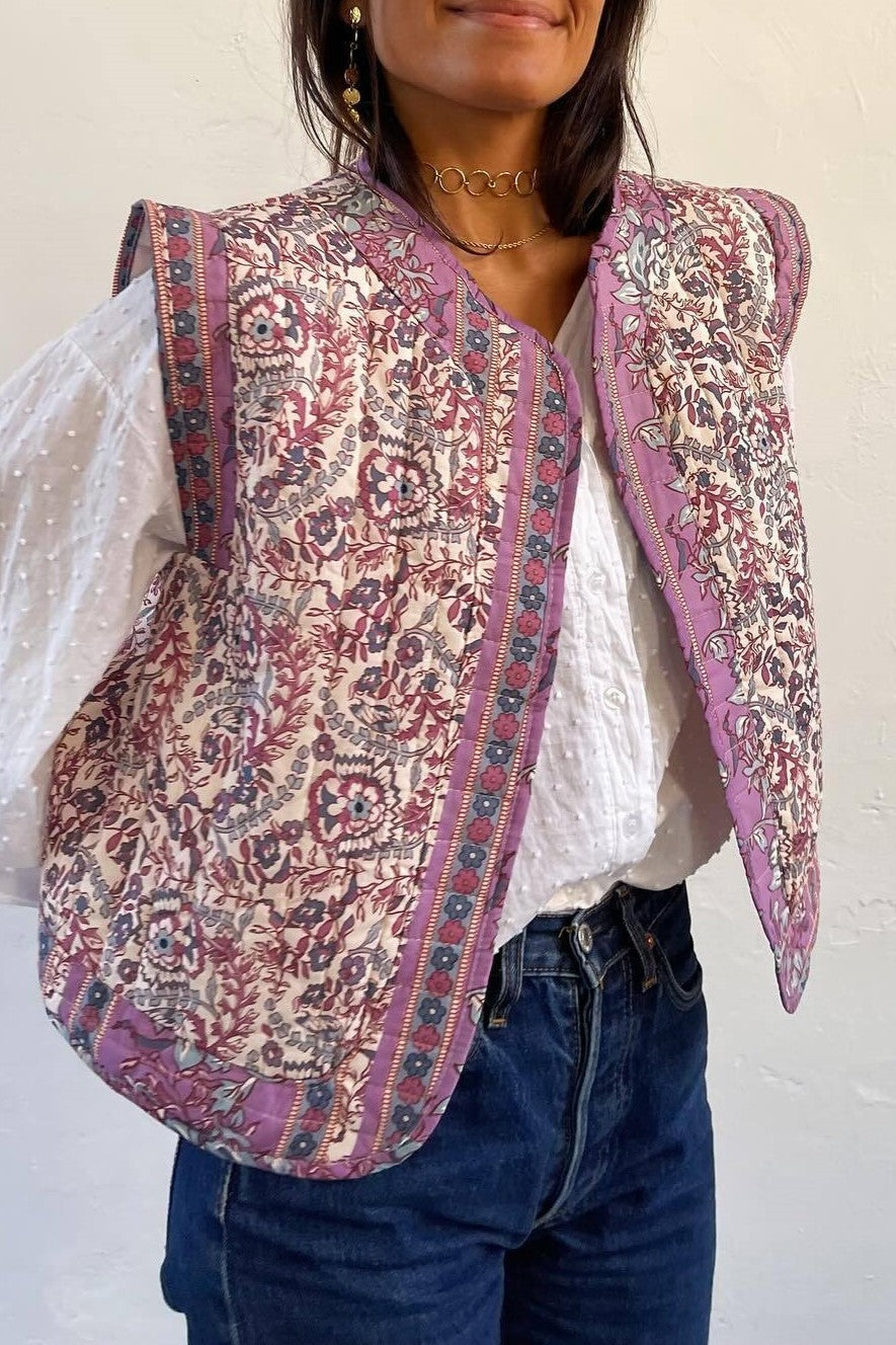 Contrast Trim Quilted Sleeveless Vest - Purple - 2