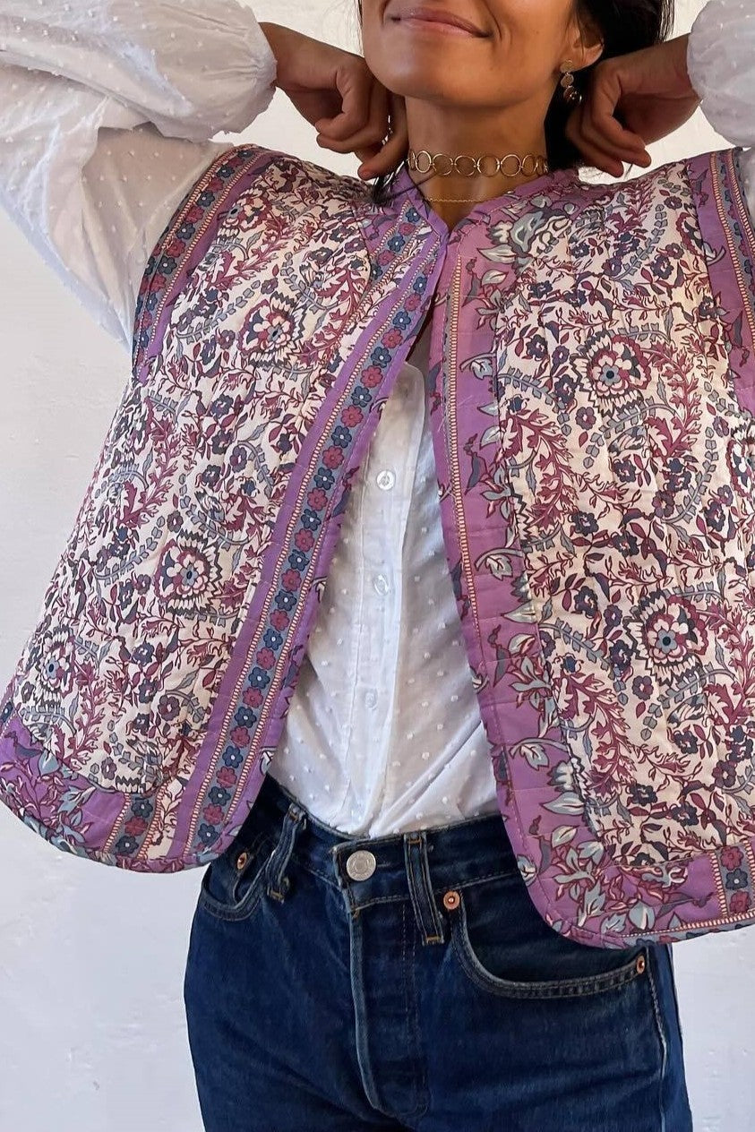 Contrast Trim Quilted Sleeveless Vest - Purple - 3