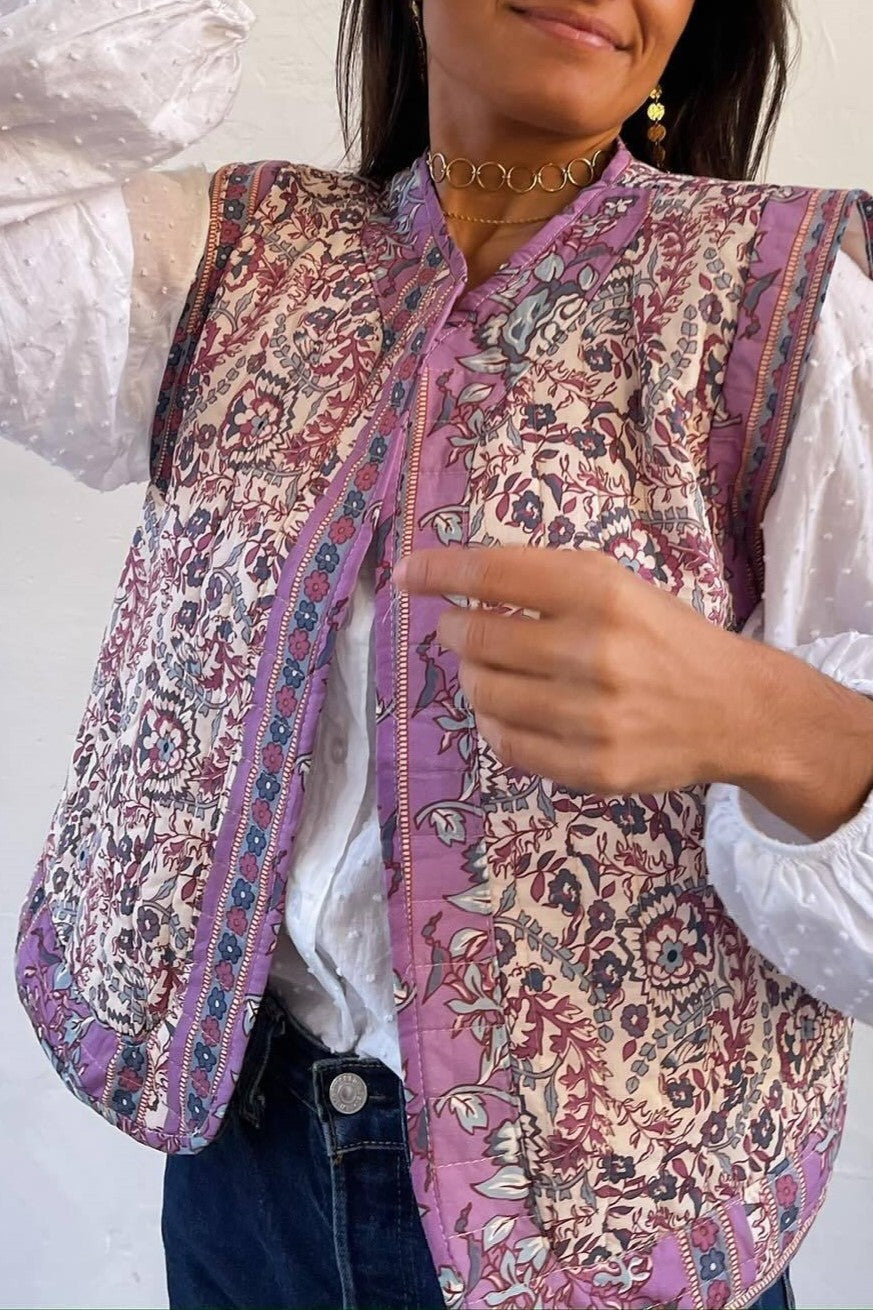 Contrast Trim Quilted Sleeveless Vest - Purple - 4