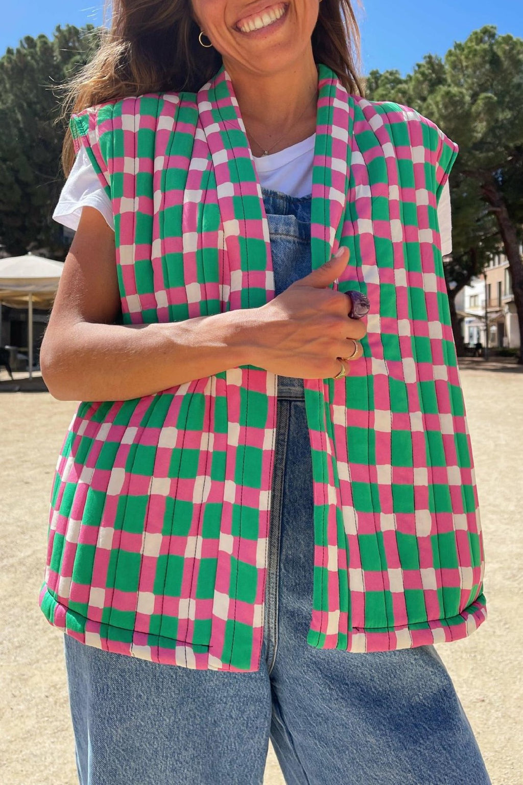 Contrast Trim Quilted Sleeveless Vest - checkerboard