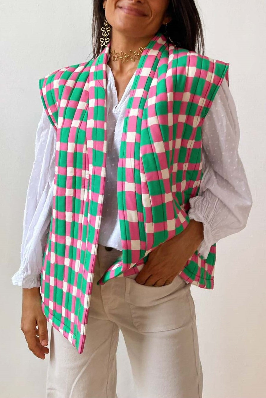 Contrast Trim Quilted Sleeveless Vest - checkerboard - 1