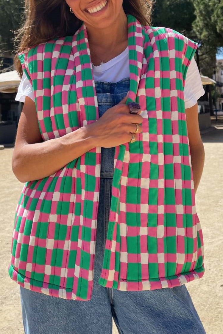 Contrast Trim Quilted Sleeveless Vest - checkerboard - 2