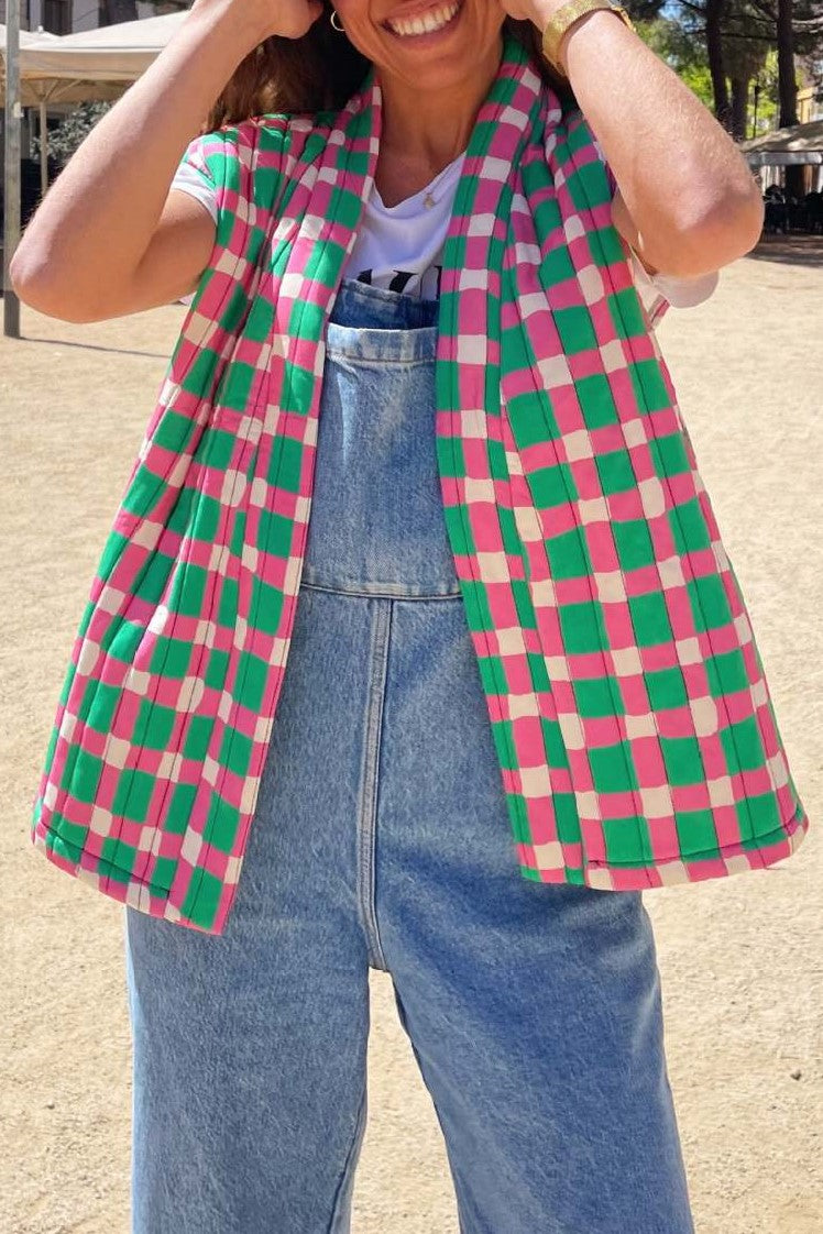 Contrast Trim Quilted Sleeveless Vest - checkerboard - 3