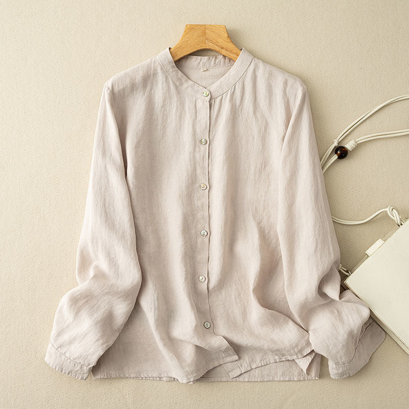 Relaxed Linen Blend Button Down Blouse - Beige