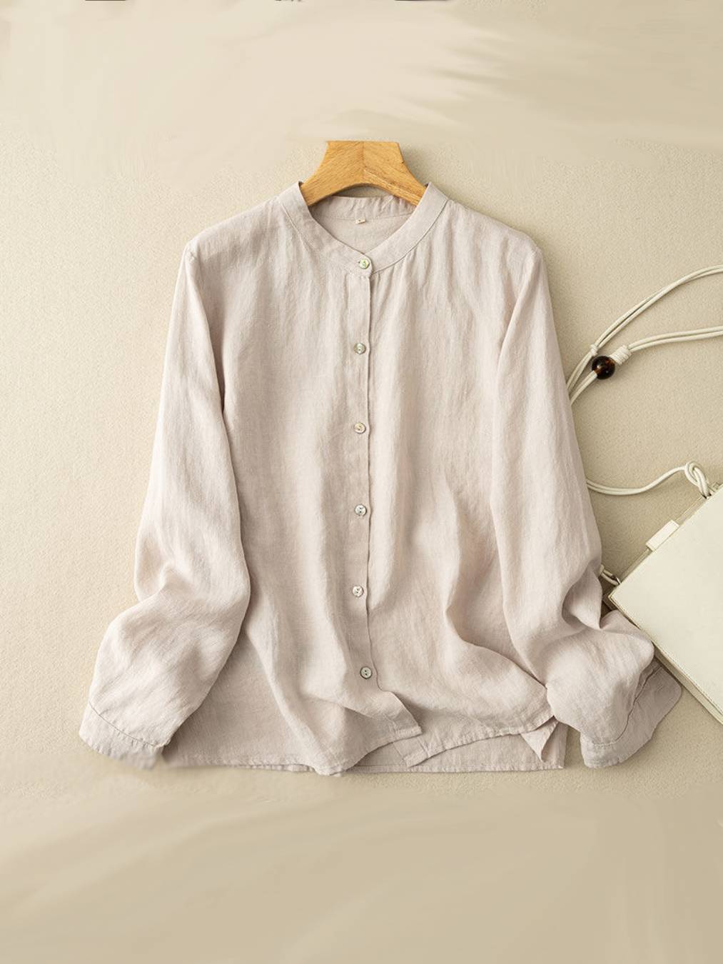 Relaxed Linen Blend Button Down Blouse - Beige - 1