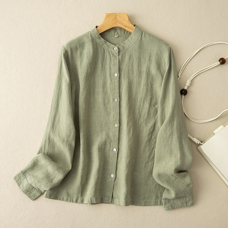 Relaxed Linen Blend Button Down Blouse - Green