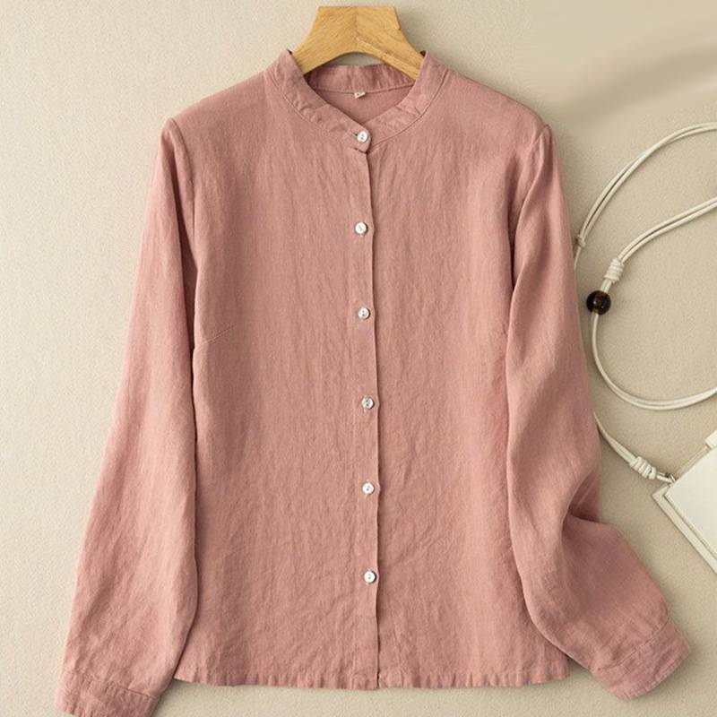 Relaxed Linen Blend Button Down Blouse - Pink