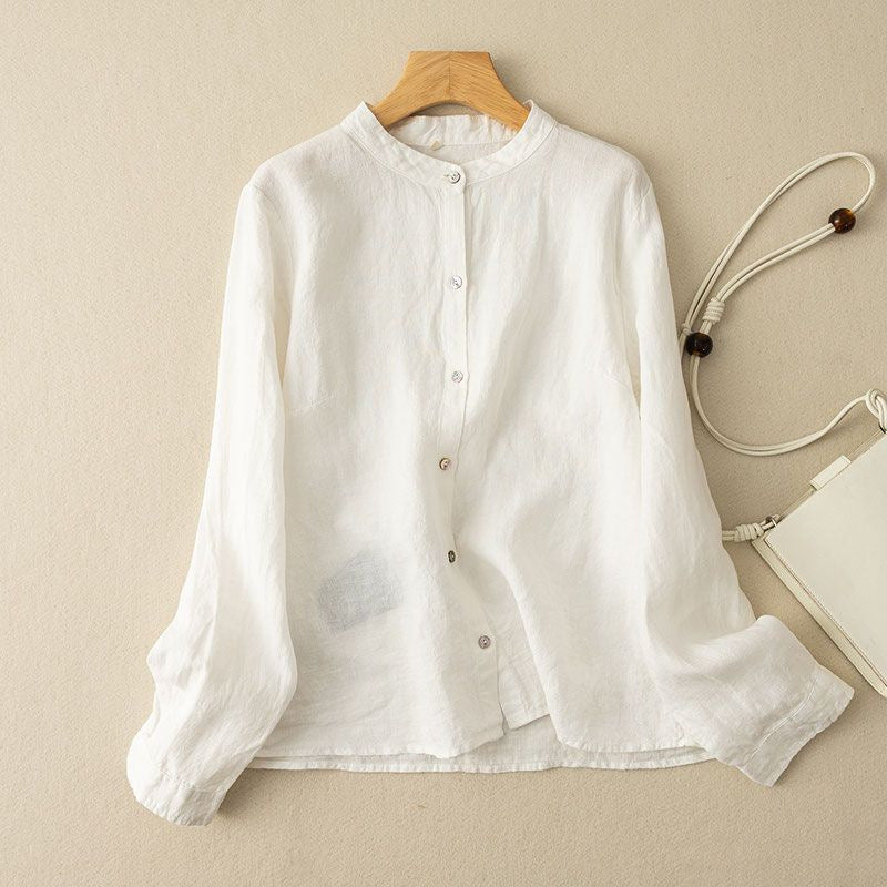 Relaxed Linen Blend Button Down Blouse - White