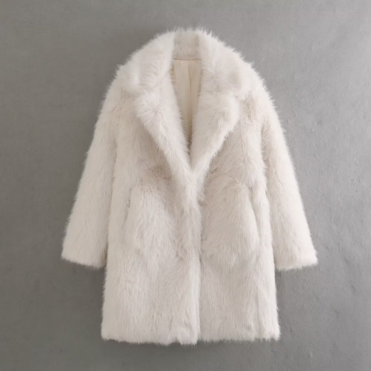 Longline Faux Fur Notch Collar Coat - White